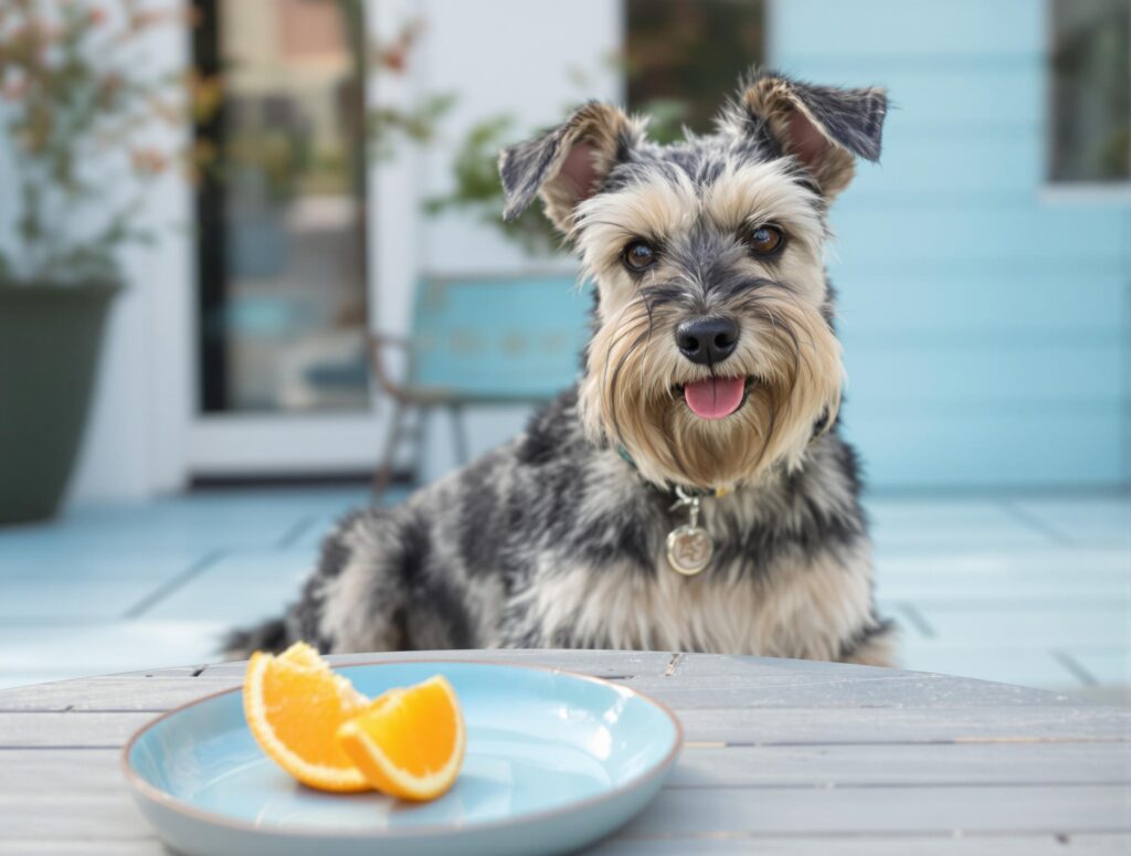 A medium-sized terrier sniffing an orange slice in a human's hand, exploring if dogs can eat oranges.