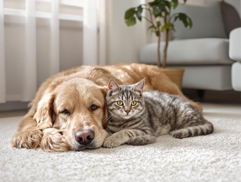 Elderly golden retriever and senior gray tabby cat on ivory rug, highlighting lifelong friendship, related to cancer in dogs.