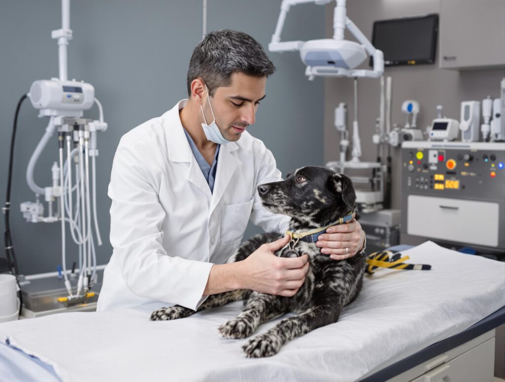 Compassionate veterinarian examining a dog for cancer treatment, showcasing professional care and expertise.