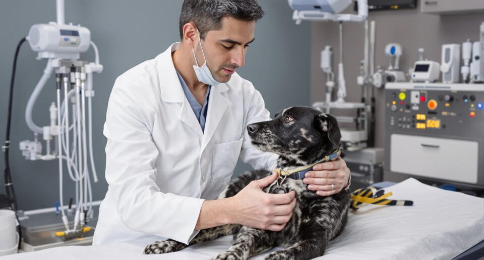 Compassionate veterinarian examining a dog for cancer treatment, showcasing professional care and expertise.