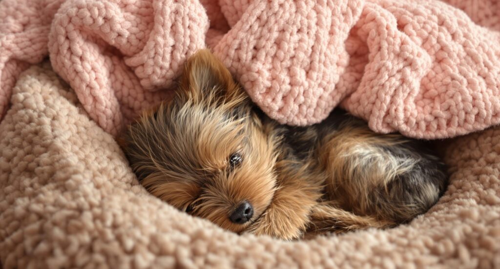 Small dog finds security in a cozy blanket nest, reflecting the importance of familiar surroundings for aging pets