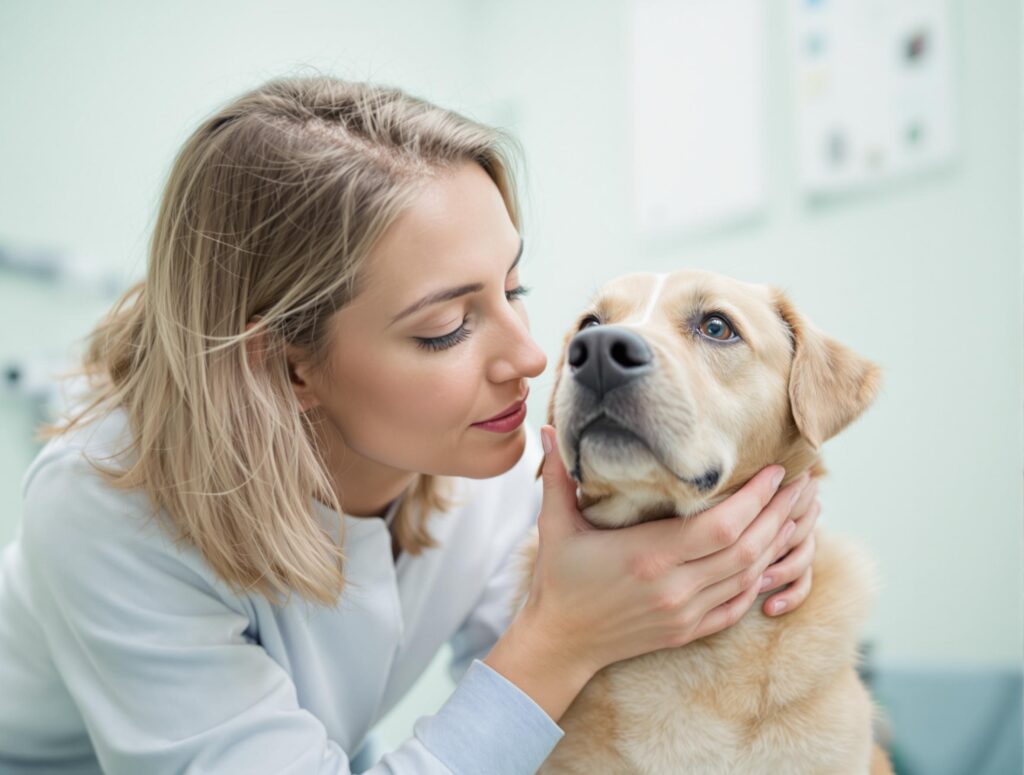 Woman gently examines dog's nose for canine distemper symptoms in a veterinary setting.