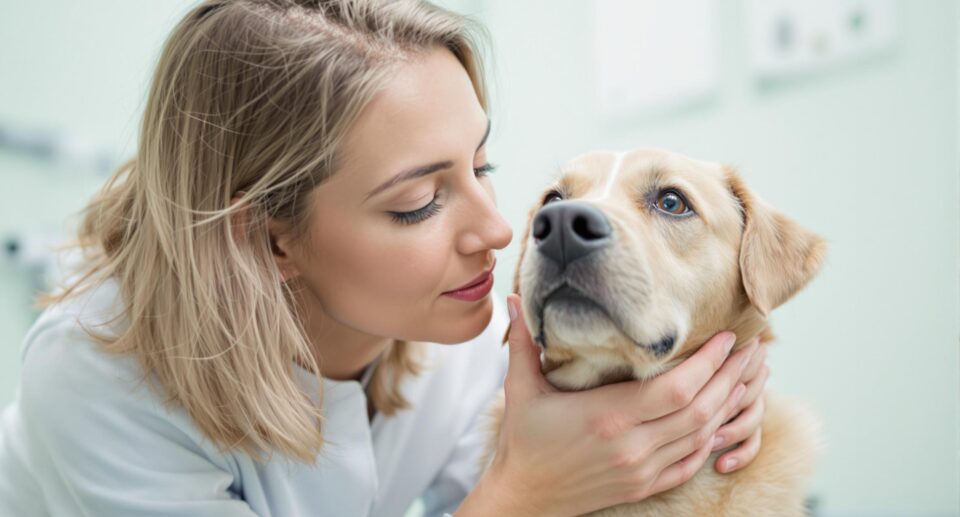 Woman gently examines dog's nose for canine distemper symptoms in a veterinary setting.