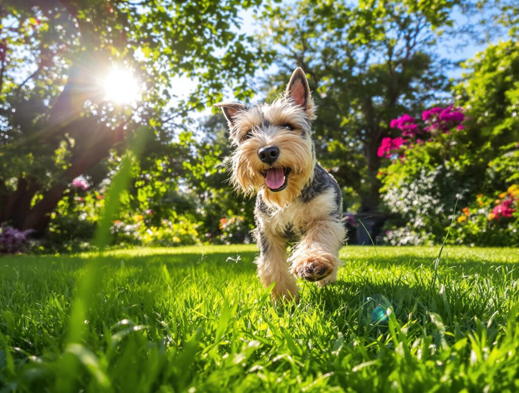 Energetic terrier or schnauzer in sunlit garden, illustrating canine hypothyroidism treatment benefits.