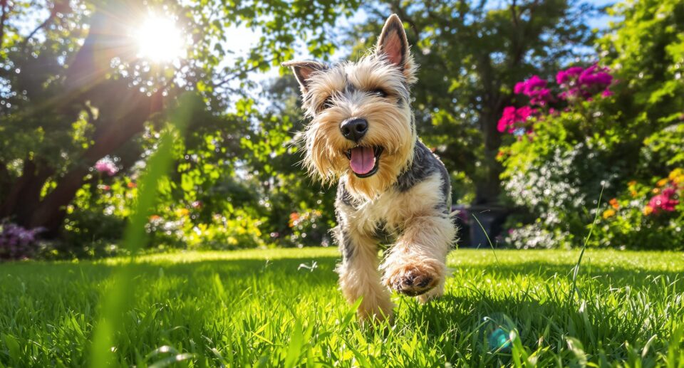 Energetic terrier or schnauzer in sunlit garden, illustrating canine hypothyroidism treatment benefits.