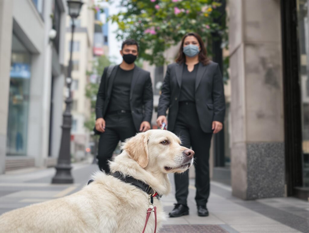 Two people wearing face masks walk their dogs on a socially distanced urban street with a medium-sized white dog in the foreground, related to dog care during COVID-19.