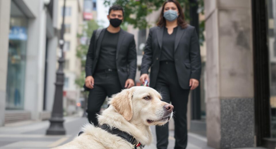 Two people wearing face masks walk their dogs on a socially distanced urban street with a medium-sized white dog in the foreground, related to dog care during COVID-19.