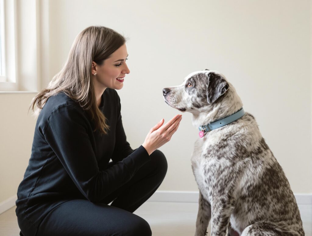 A person in black clothing uses hand signals to communicate with a senior deaf dog wearing a blue collar in a minimalist indoor setting.
