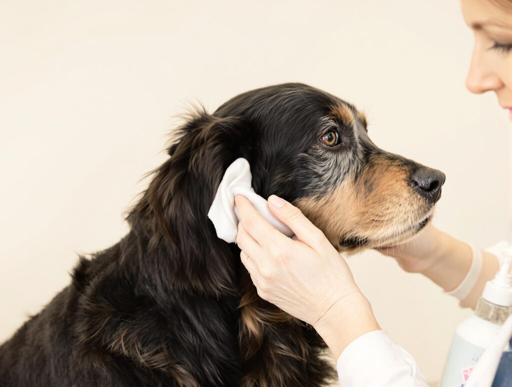A woman gently cleans her Golden Retriever's ears, illustrating caring for your dog's ears.