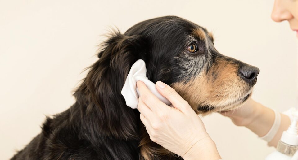 A woman gently cleans her Golden Retriever's ears, illustrating caring for your dog's ears.