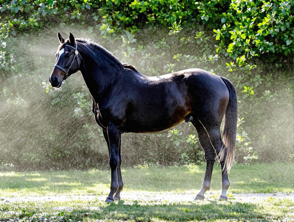 Majestic black horse in shaded paddock with misting fans and lush greenery in hot weather.
