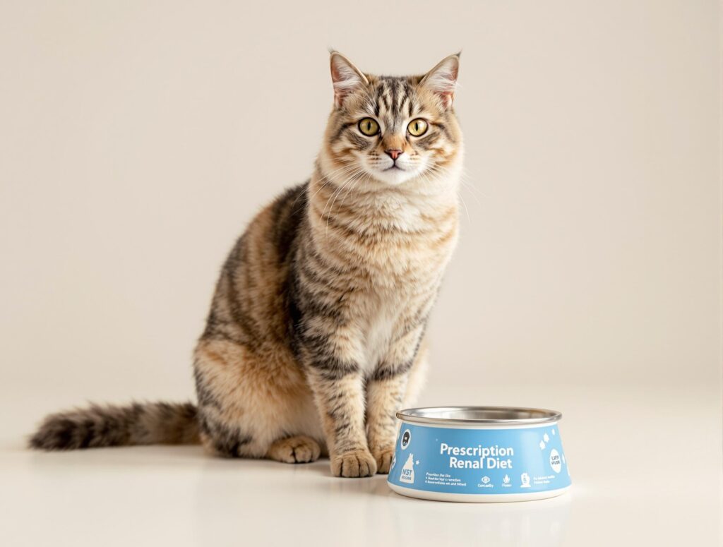 A healthy domestic cat beside a 'Prescription Renal Diet' bowl, highlighting medical pet nutrition for chronic kidney disease.