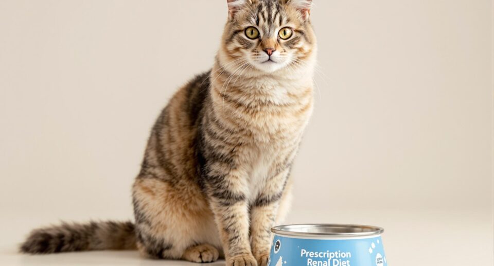 A healthy domestic cat beside a 'Prescription Renal Diet' bowl, highlighting medical pet nutrition for chronic kidney disease.