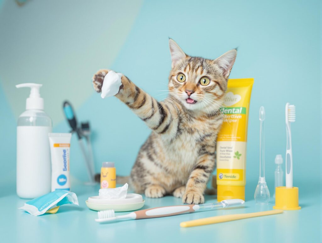 Playful tabby cat interacting with dental care products, showcasing how to care for your cat's teeth.