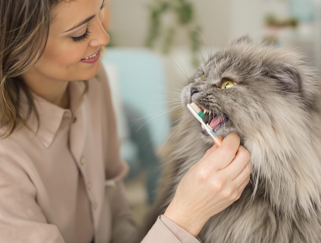 A pet owner brushing a Maine Coon cat's teeth, highlighting cat dental hygiene.