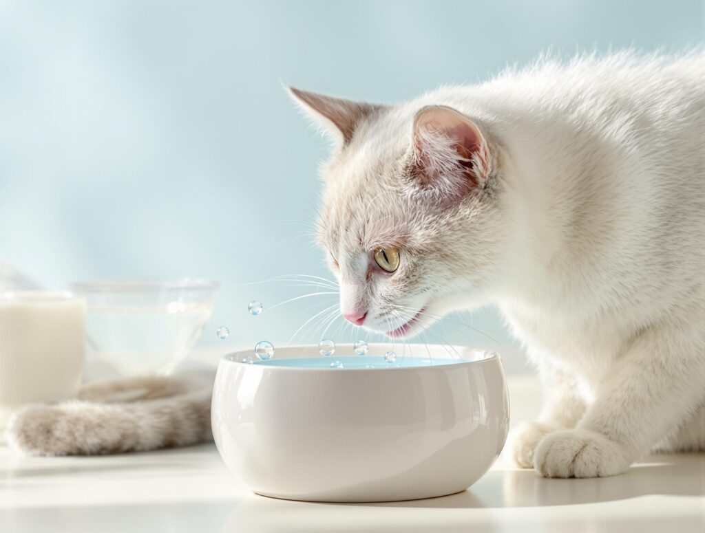 A sleek white short-haired cat drinks from a ceramic bowl with dental water additive, highlighting oral health benefits.