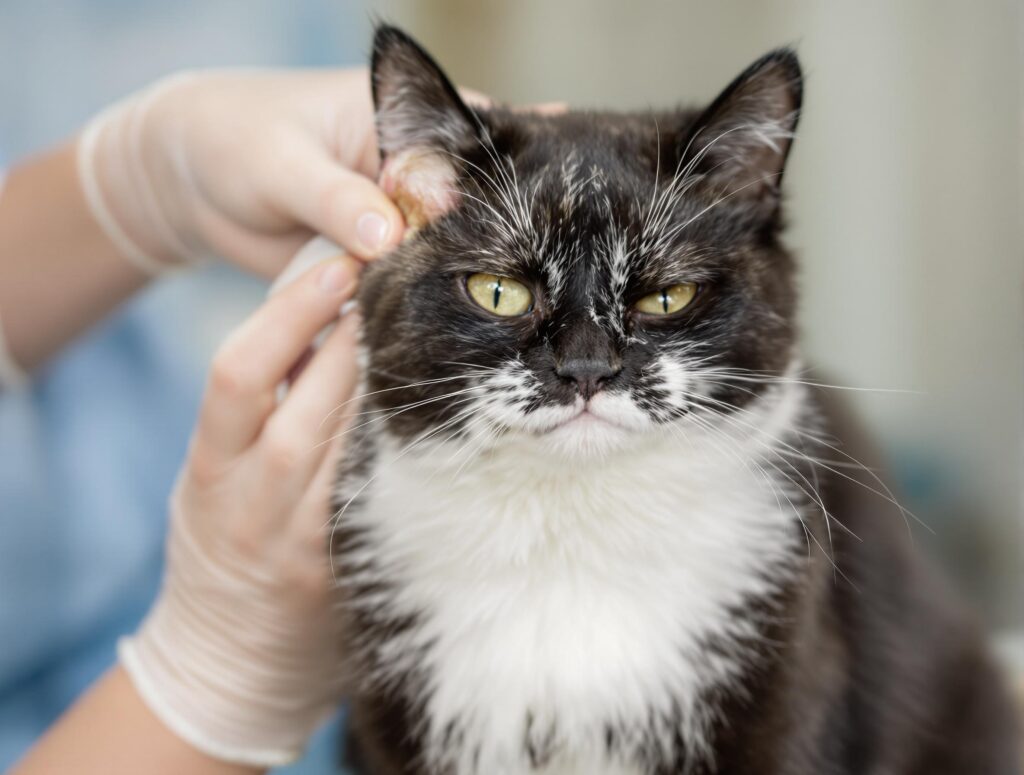 Black domestic cat with ear infection pawing at inflamed ear against a blue background.