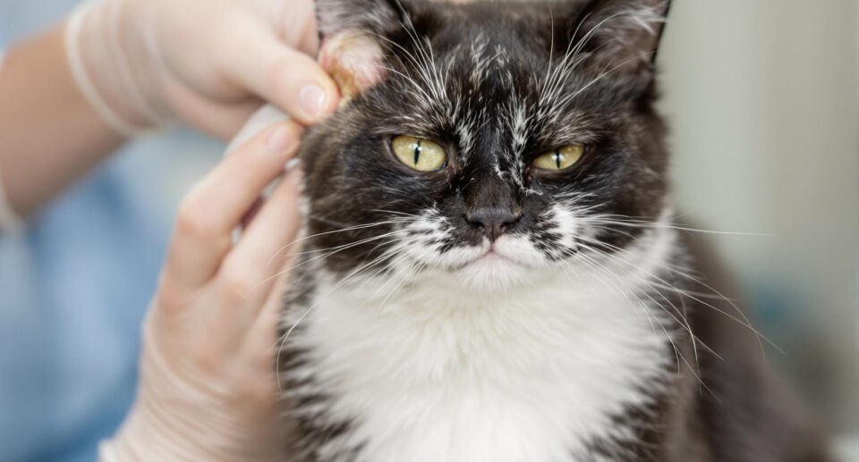 Black domestic cat with ear infection pawing at inflamed ear against a blue background.