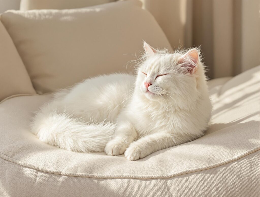 Serene domestic cat with white fur on ivory cushion in bright room, emphasizing tranquility, related to flea and tick treatment FAQs.