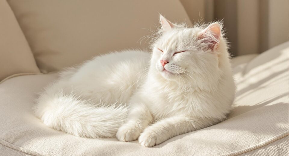 Serene domestic cat with white fur on ivory cushion in bright room, emphasizing tranquility, related to flea and tick treatment FAQs.