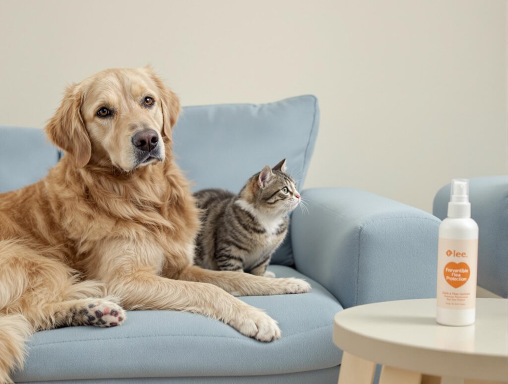Golden retriever and tabby cat sitting together on a blue couch with flea prevention spray, illustrating the difference between cat and dog fleas.