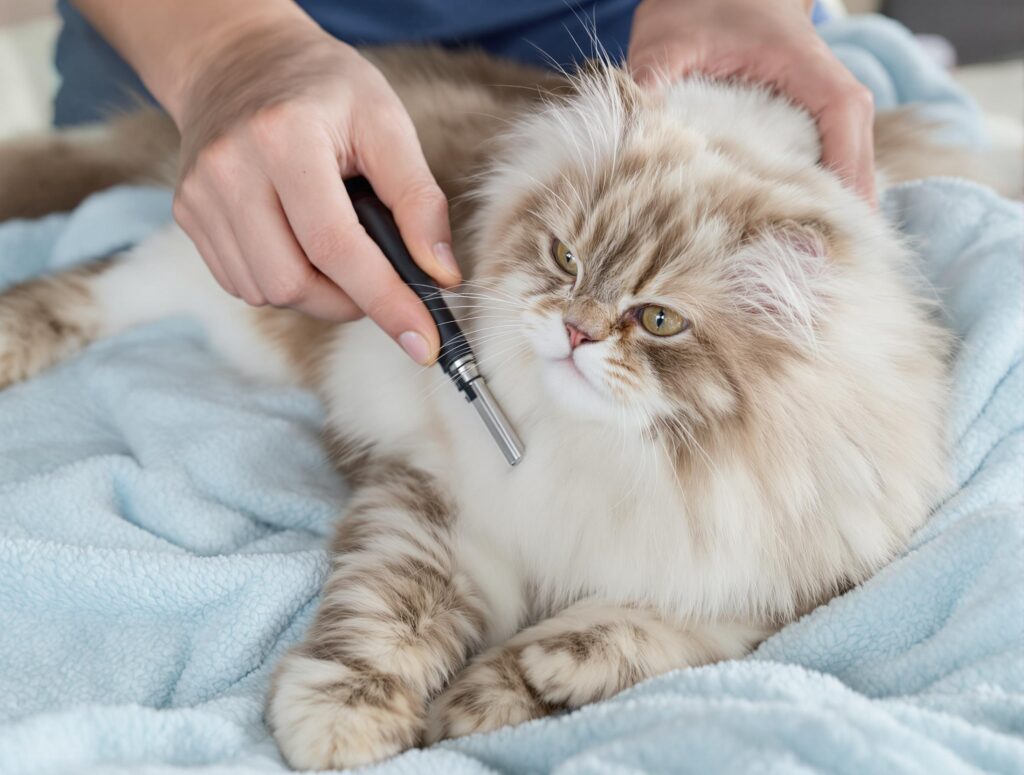A fluffy domestic cat being gently groomed with a deshedding tool on a blue blanket, highlighting pet care and bonding.