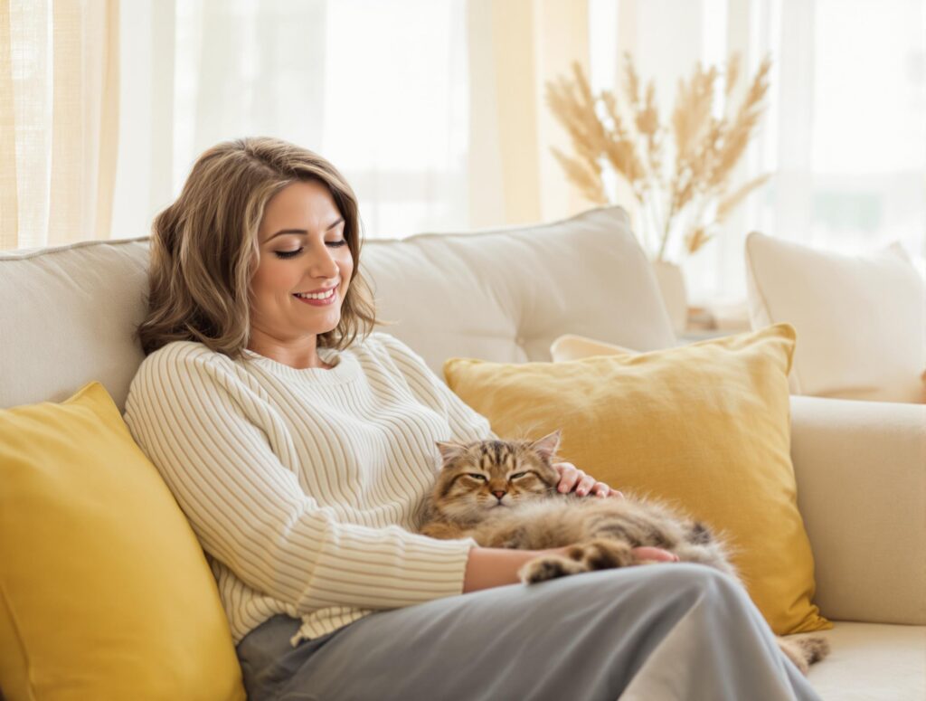 A cozy home scene with a woman and tabby cat, illustrating companionship and tranquility, related to cat hair loss and alopecia.