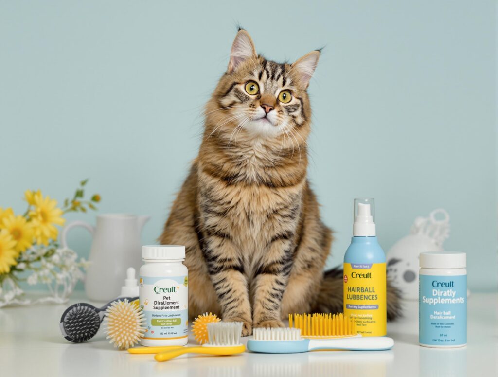 Playful tabby cat with grooming products for hairball care, highlighting when to see a vet about hairballs in cats.