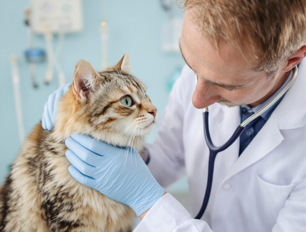 A veterinarian gently examines a tabby cat for heartworm prevention in a clinical setting.