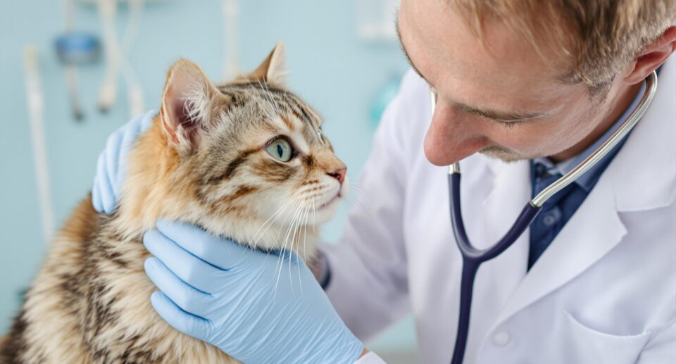 A veterinarian gently examines a tabby cat for heartworm prevention in a clinical setting.