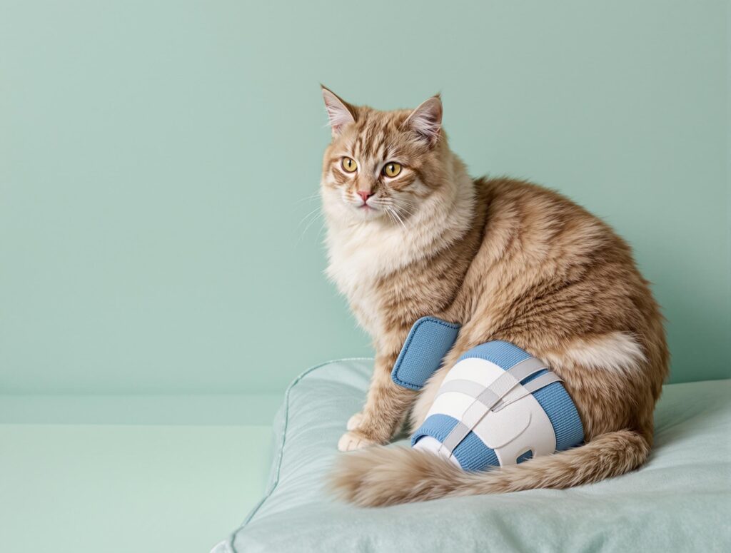 Serene domestic cat wearing a medical knee brace, highlighting cranial crucial ligament care in a soothing setting.