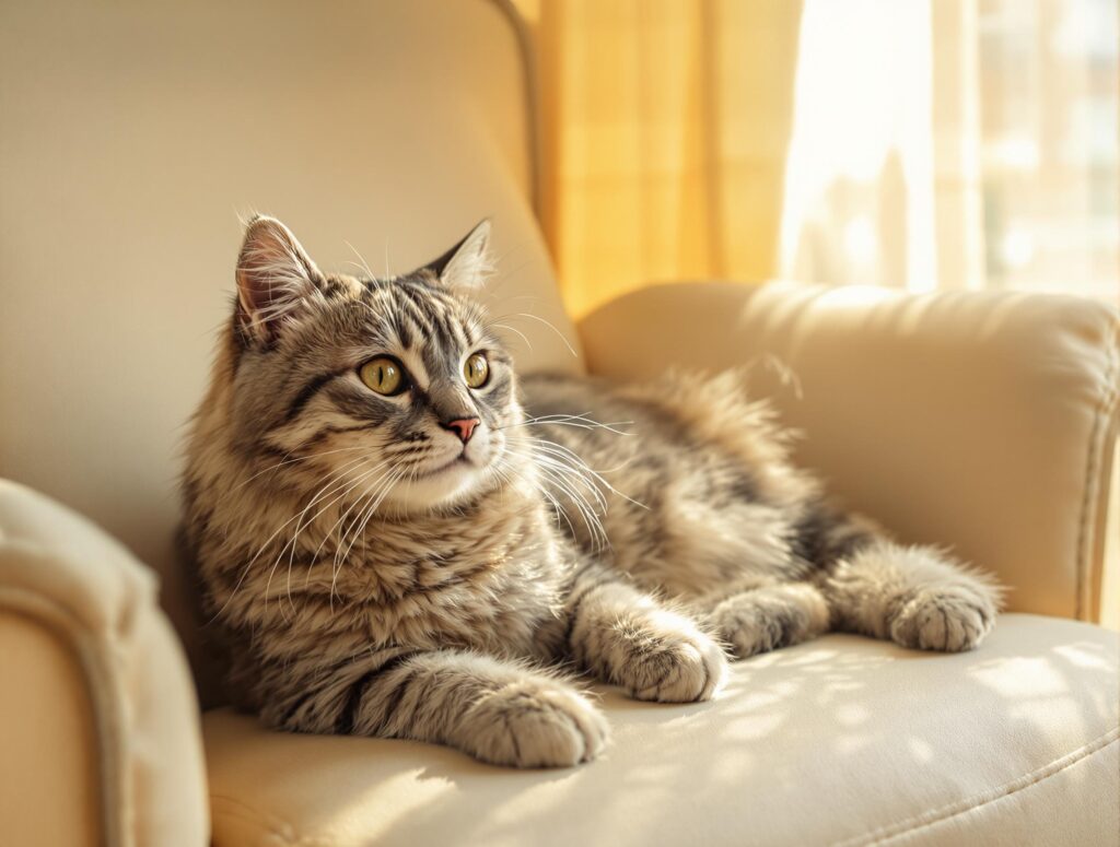 A senior cat enjoying a gentle grooming session in a sun-drenched spot indoors