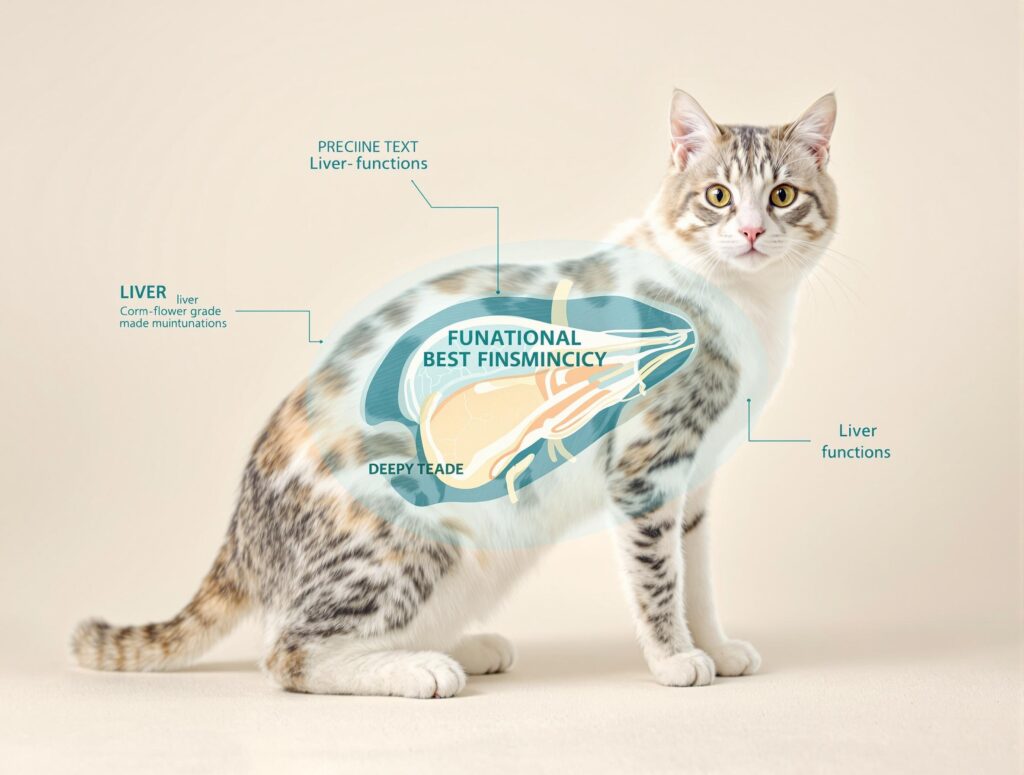 Detailed anatomical illustration of a domestic cat highlighting the liver for liver disease understanding.