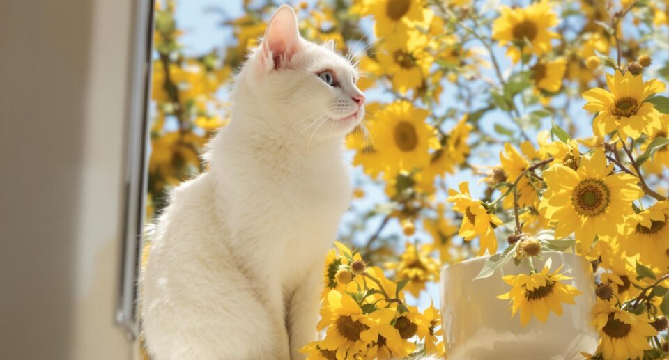 White cat on sunlit windowsill during mating season with sunflowers in background.