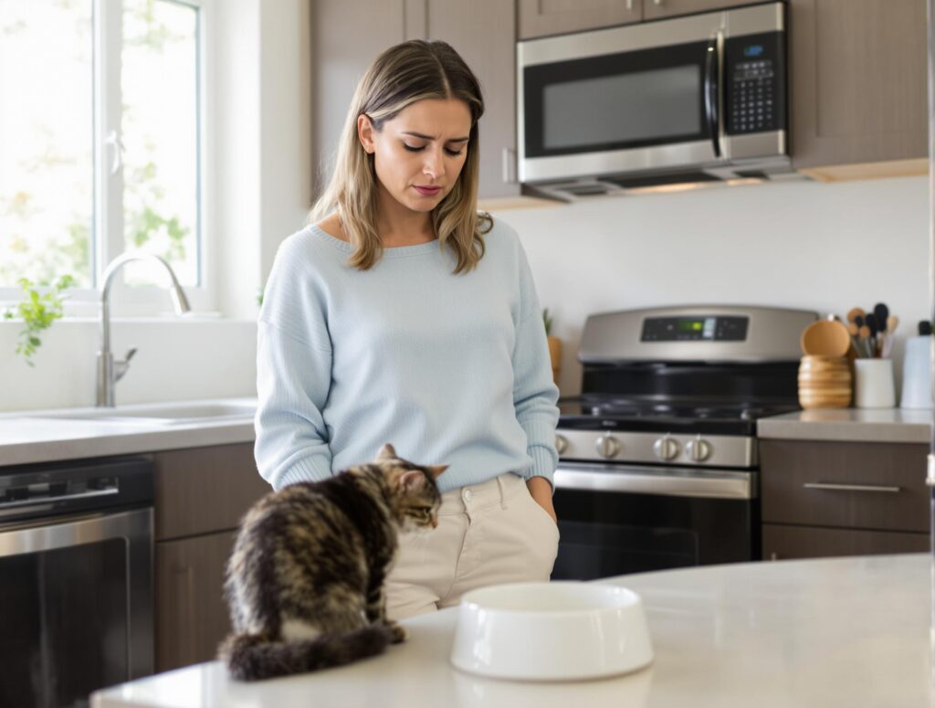 Concerned pet owner in kitchen looking at untouched cat food bowl, highlighting cat not eating issues.