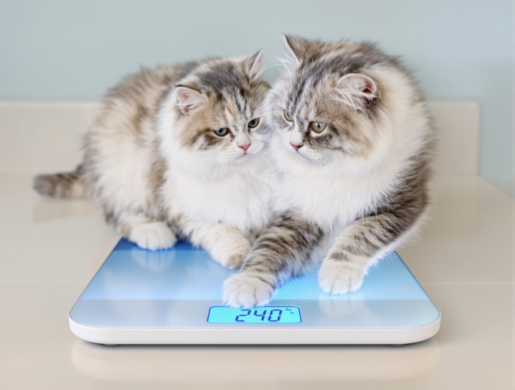 A playful white and grey tabby cat on a digital bathroom scale with a blue display.