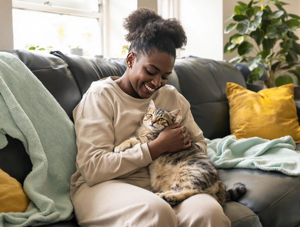 A mid-30s person cradles a relaxed cat on a black leather sofa, showcasing a warm connection in a cozy home interior.