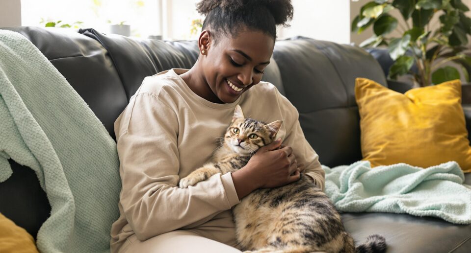 A mid-30s person cradles a relaxed cat on a black leather sofa, showcasing a warm connection in a cozy home interior.