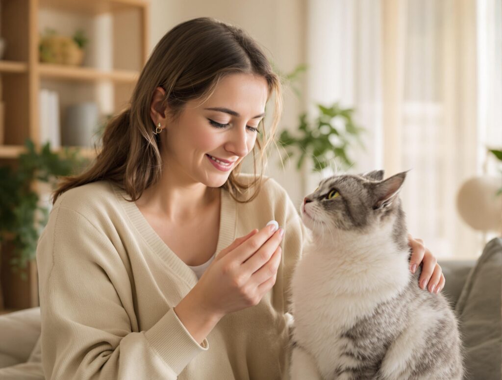 pet owner holding a small pill in front of their