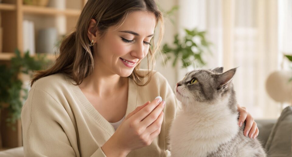 pet owner holding a small pill in front of their