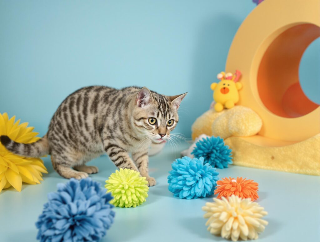 A curious tabby cat plays with colorful toys on a blue floor in a pet-friendly environment.