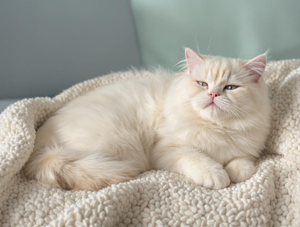 Creamy white Persian cat purring contentedly on an ivory throw, highlighting soft fur and tranquil expression.
