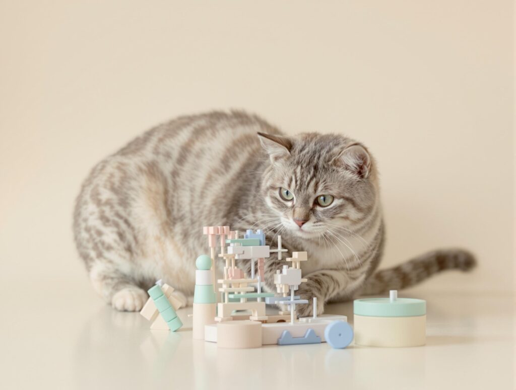 A playful domestic cat with sleek fur interacts with a sophisticated puzzle toy, featuring blue and green elements, on an ivory background.
