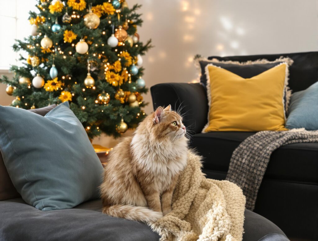 A relaxed domestic cat near a decorated Christmas tree in a cozy living room, highlighting holiday safety for cats.
