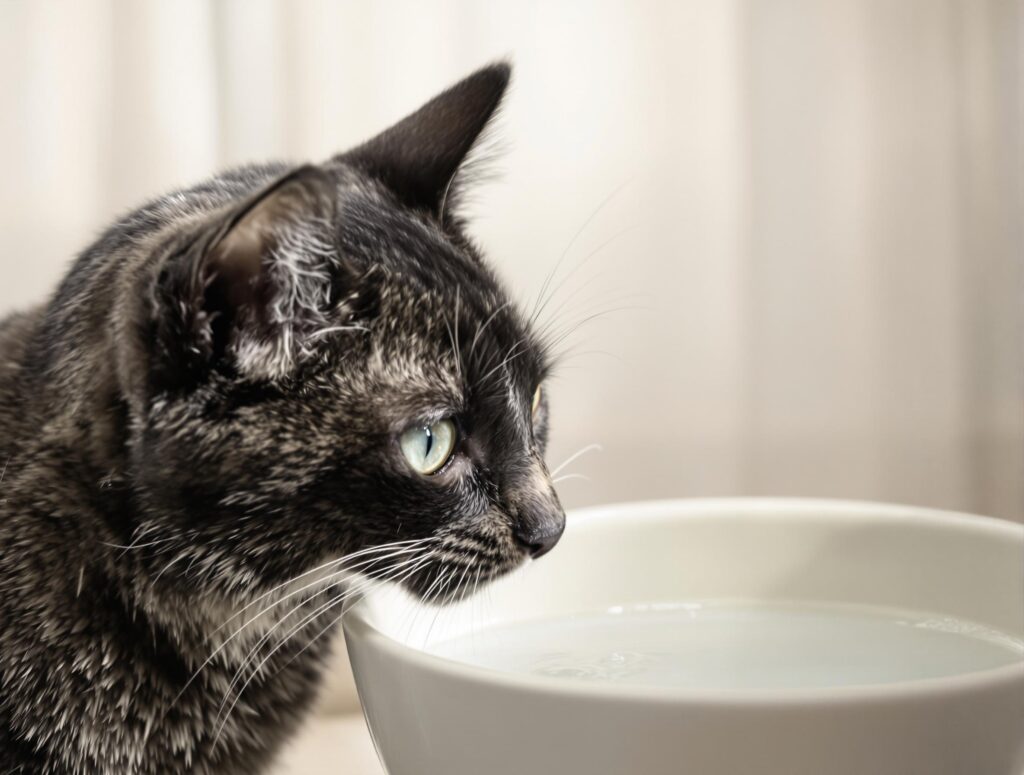 Close-Up of Cat Drinking from Water Bowl