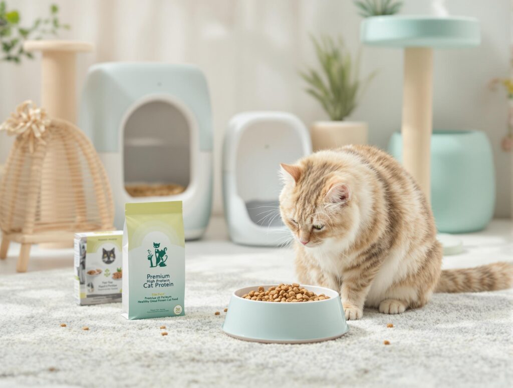 A healthy cat eating premium high-protein cat food with modern cat care supplies in a bright, clean interior.