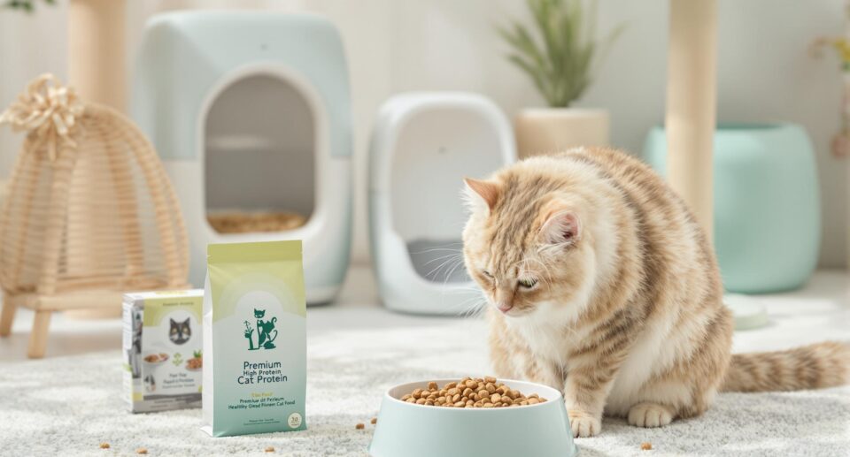 A healthy cat eating premium high-protein cat food with modern cat care supplies in a bright, clean interior.