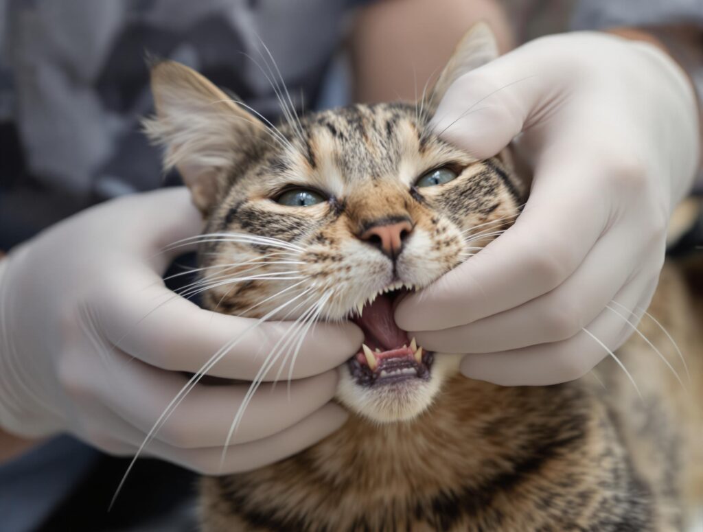 Veterinarian examining a tabby cat's dental health, focusing on tooth resorption in adult cats.