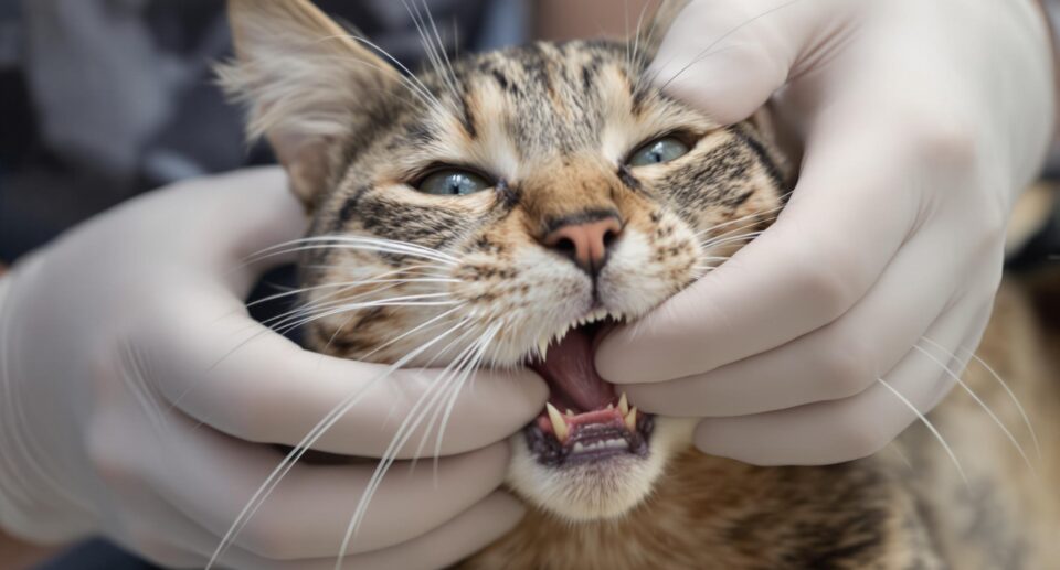 Veterinarian examining a tabby cat's dental health, focusing on tooth resorption in adult cats.