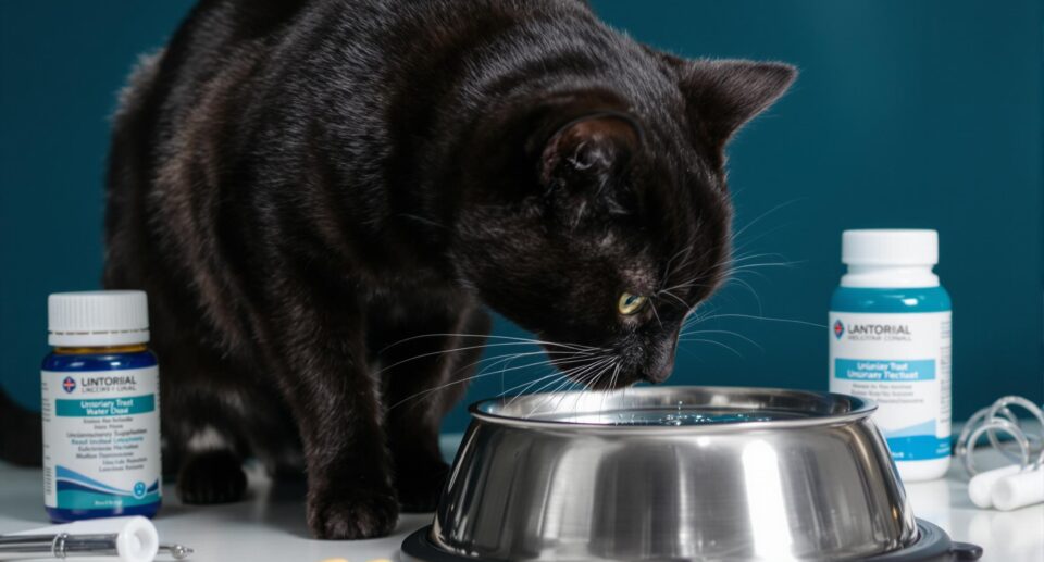 Black cat drinking from a blue bowl with urinary health supplements and veterinary tools in a clinical setting.